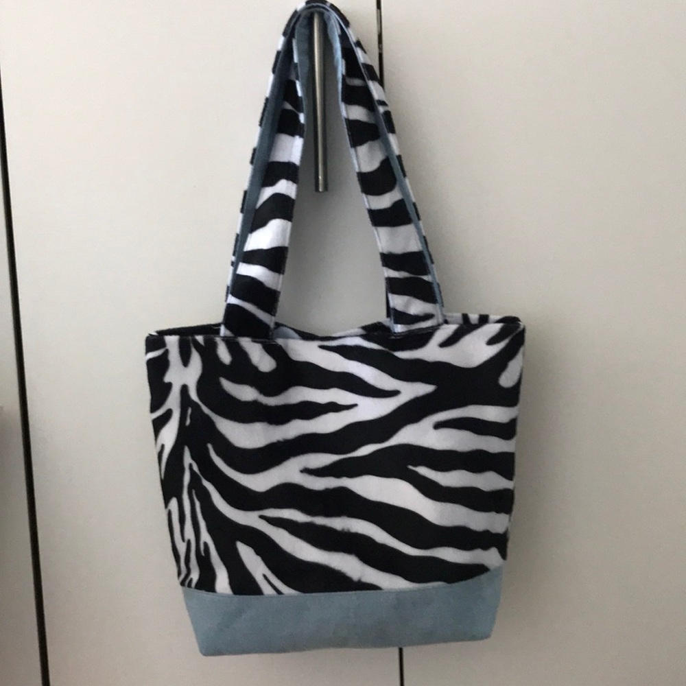 Zebra faux fur and denim small tote bag